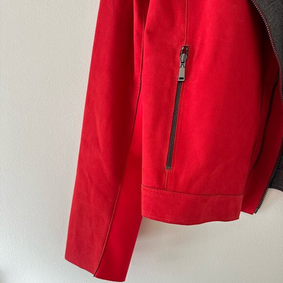 Elie Tahari Lamb Suede Asymmetrical Zip Moto Jacket Red L - Picture 3 of 9